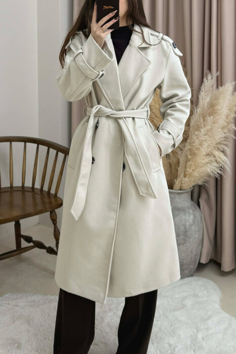 ONE COLOR BELT DETAIL WOMAN COAT CREAM/KREM - 4