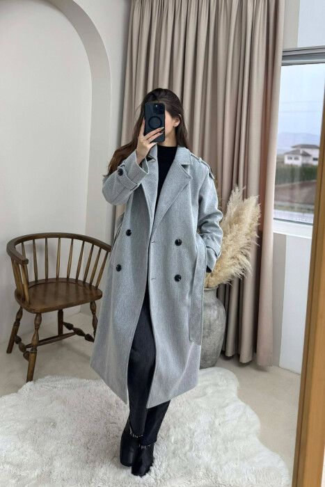 ONE COLOR BELT DETAIL WOMAN COAT LIGHT GREY/GZ 