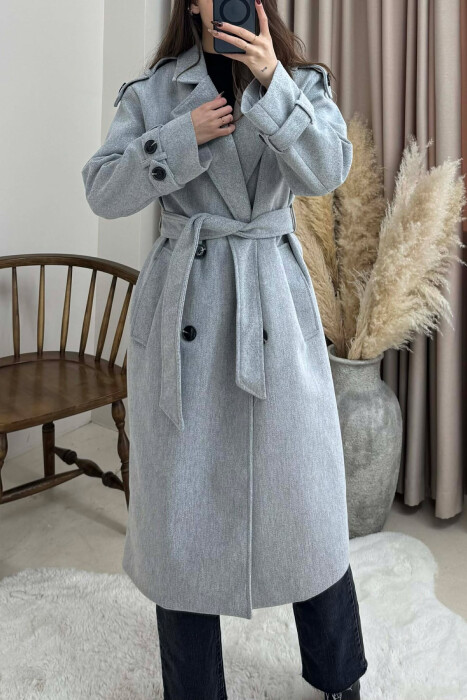 ONE COLOR BELT DETAIL WOMAN COAT LIGHT GREY/GZ - 4
