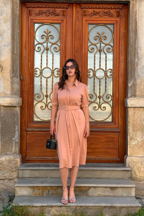 ONE COLOR BELT DETAIL WOMAN DRESS BEIGE/BEZHE - KLAUDIO FASHION