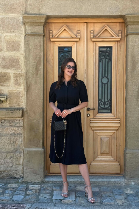 ONE COLOR BELT DETAIL WOMAN DRESS BLACK/ E ZEZE 