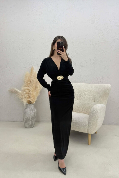 ONE COLOR BELT DETAIL WOMAN DRESS BLACK/ E ZEZE - KLAUDIO FASHION