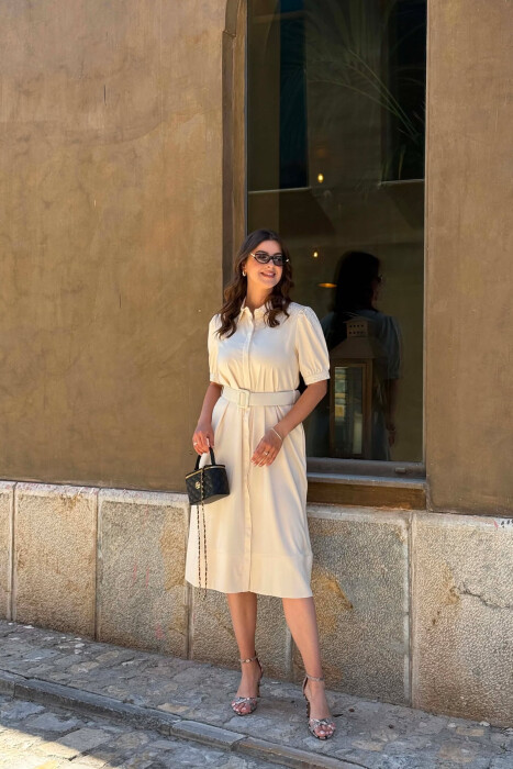 ONE COLOR BELT DETAIL WOMAN DRESS CREAM/KREM - KLAUDIO FASHION