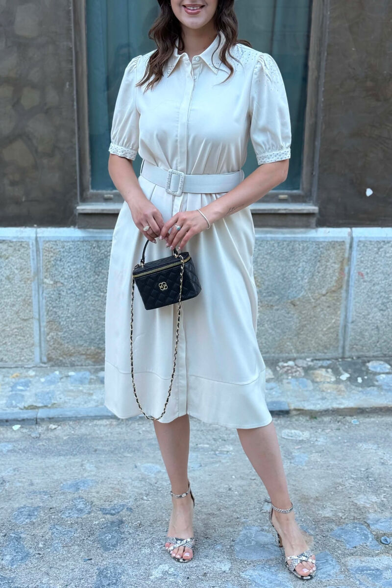 ONE COLOR BELT DETAIL WOMAN DRESS CREAM/KREM - 3