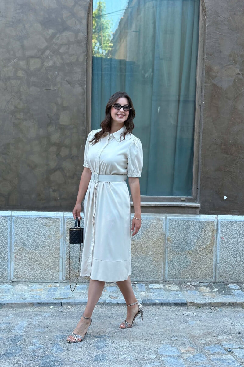 ONE COLOR BELT DETAIL WOMAN DRESS CREAM/KREM - 4