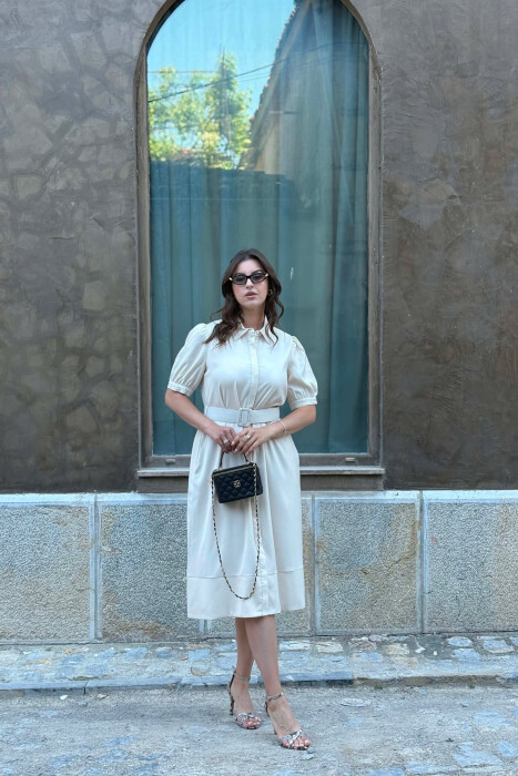 ONE COLOR BELT DETAIL WOMAN DRESS CREAM/KREM - 5