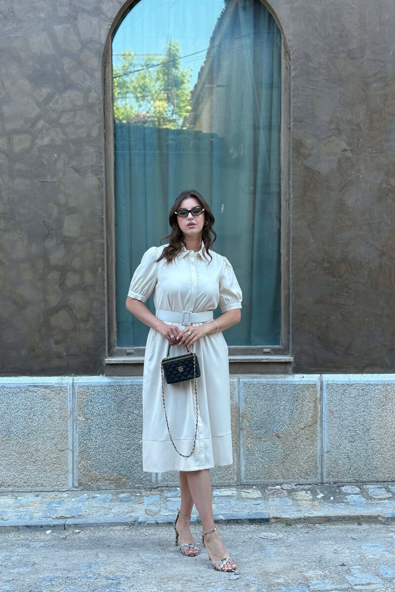 ONE COLOR BELT DETAIL WOMAN DRESS CREAM/KREM - 5