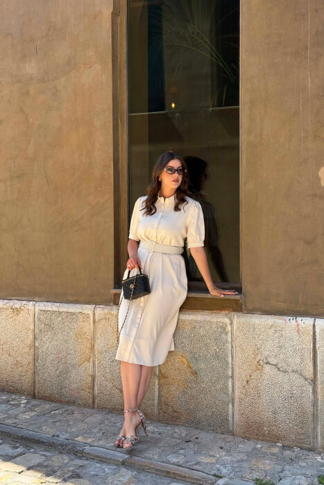 ONE COLOR BELT DETAIL WOMAN DRESS CREAM/KREM - 7