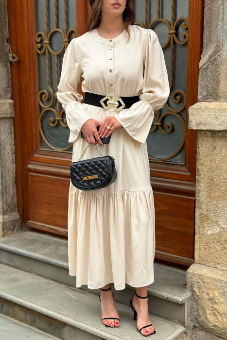 ONE COLOR BELT DETAIL WOMAN DRESS CREAM/KREM - 2