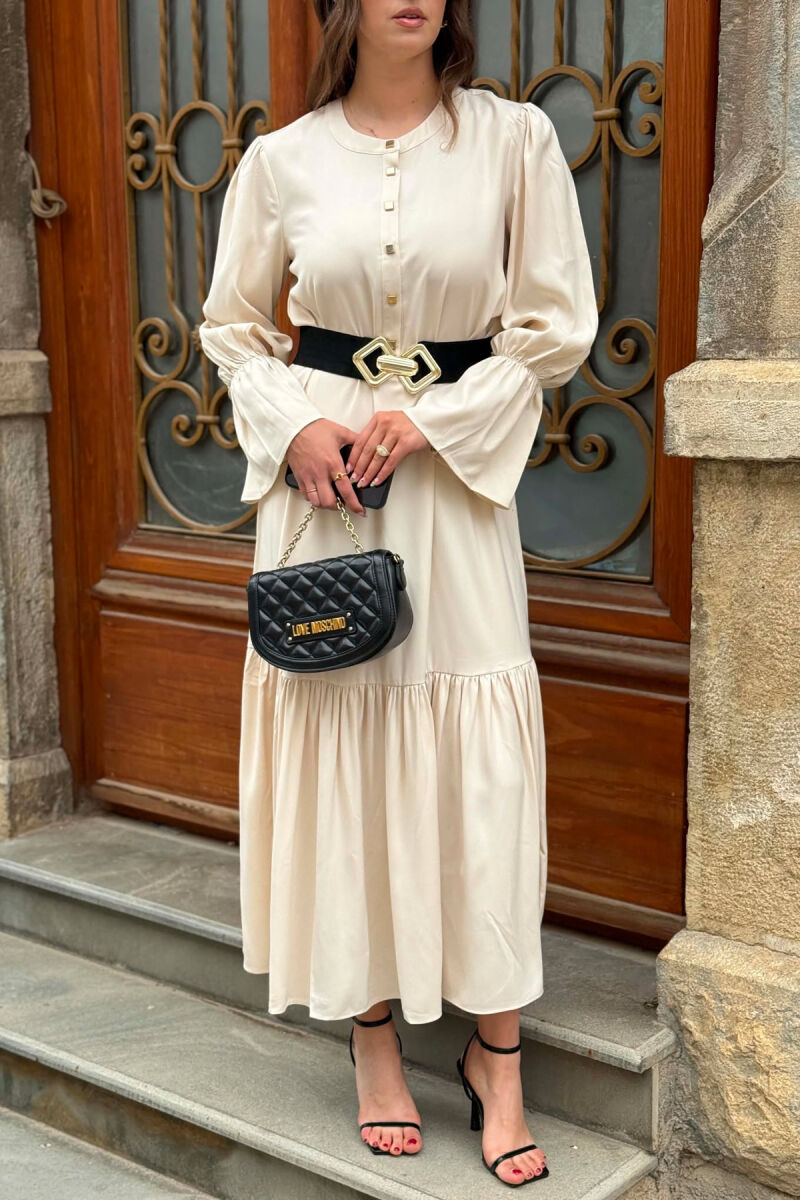 ONE COLOR BELT DETAIL WOMAN DRESS CREAM/KREM - 2