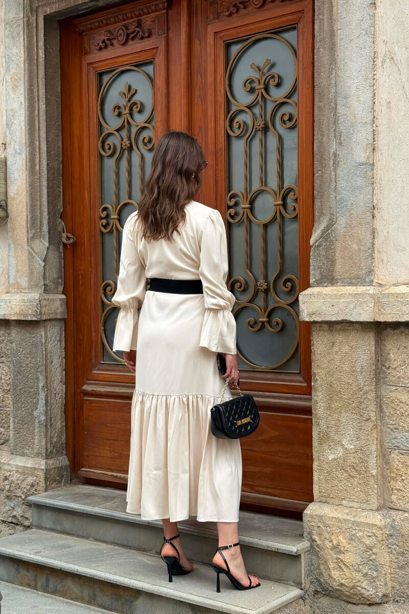 ONE COLOR BELT DETAIL WOMAN DRESS CREAM/KREM - 3