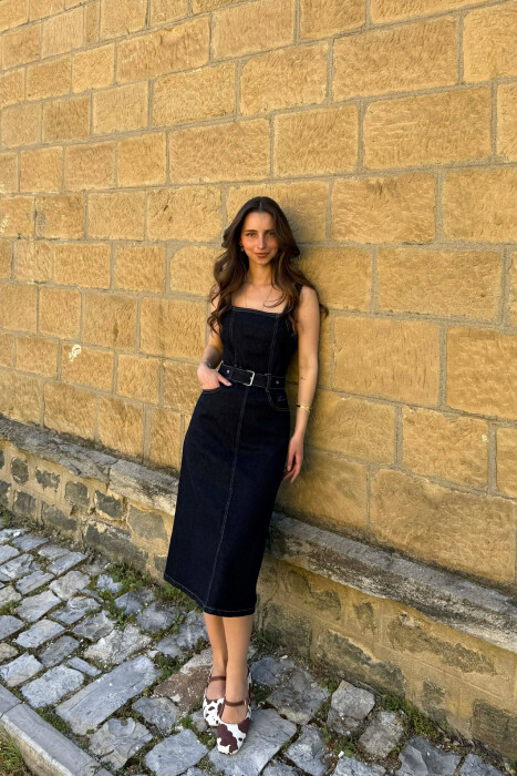 ONE COLOR BELT DETAIL WOMAN DRESS DARK BLUE/BEE - 2