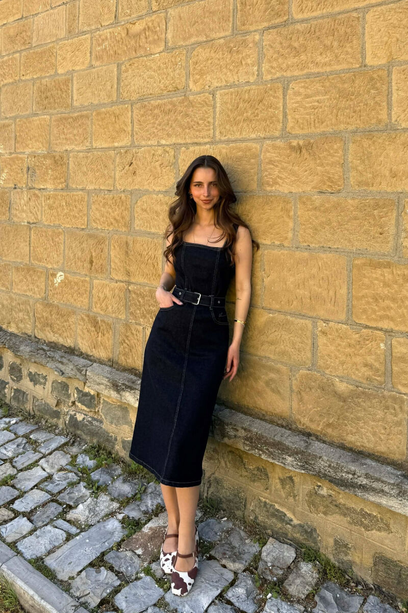 ONE COLOR BELT DETAIL WOMAN DRESS DARK BLUE/BEE - 2