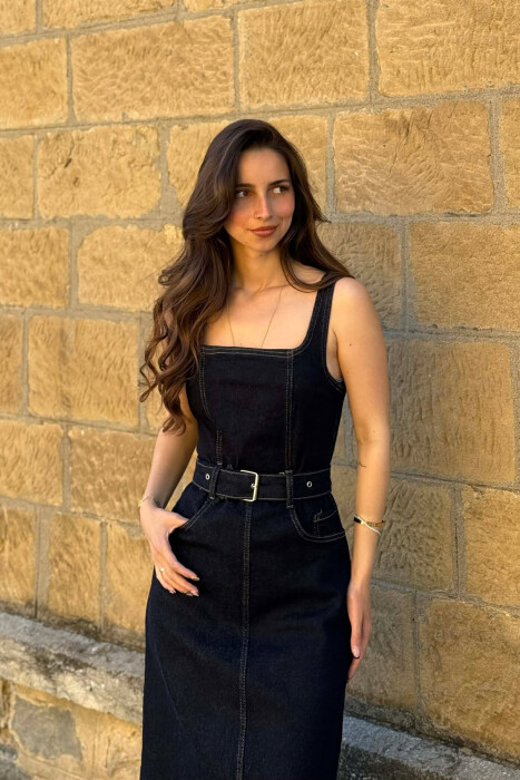 ONE COLOR BELT DETAIL WOMAN DRESS DARK BLUE/BEE - 4