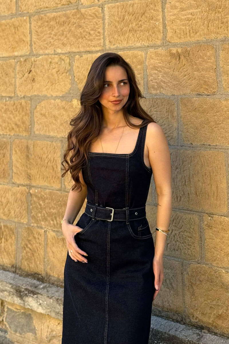 ONE COLOR BELT DETAIL WOMAN DRESS DARK BLUE/BEE - 4