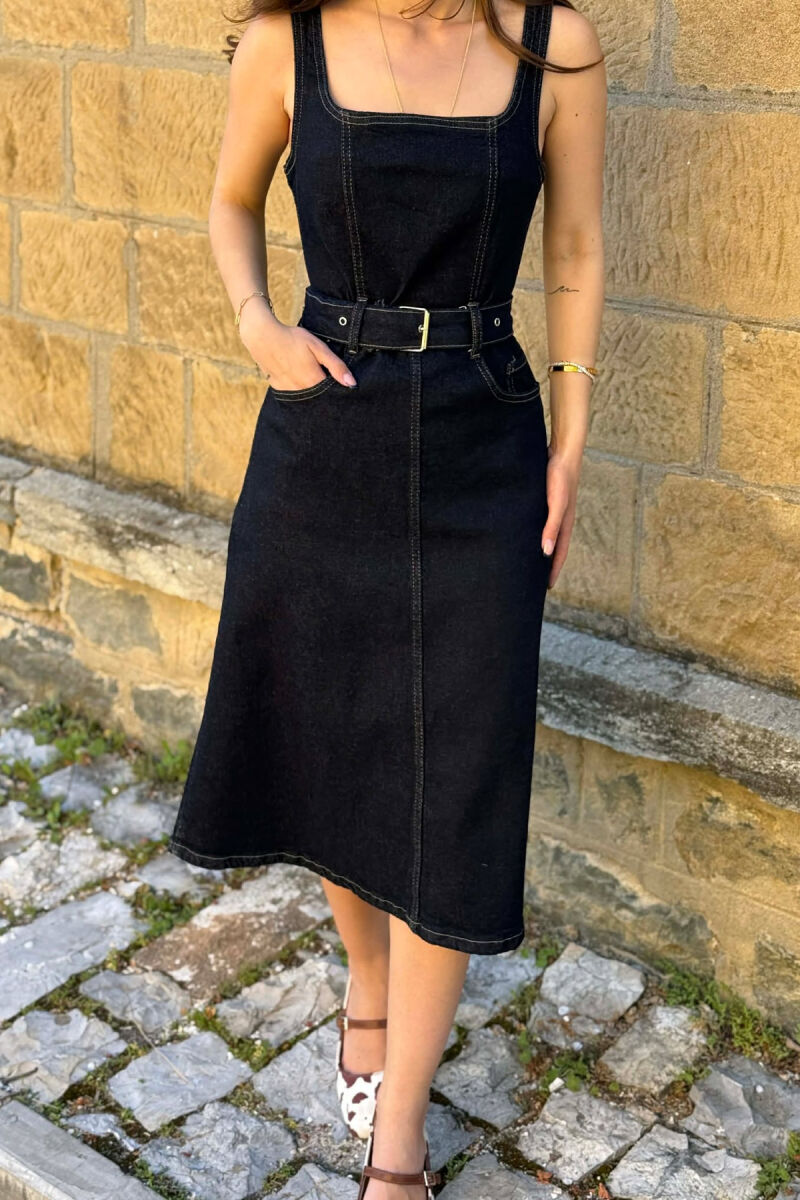 ONE COLOR BELT DETAIL WOMAN DRESS DARK BLUE/BEE - 5