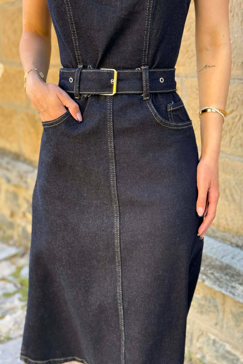 ONE COLOR BELT DETAIL WOMAN DRESS DARK BLUE/BEE - 6