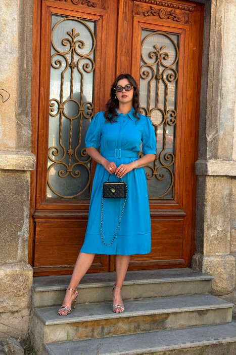 FUSTAN NJE NGJYRESH ME DETAJIN E RRIPIT PER FEMRA NE NGJYRE BLU TE ZBARDHUR - KLAUDIO FASHION
