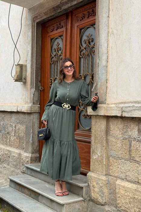 ONE COLOR BELT DETAIL WOMAN DRESS OLIVE/ULLI - KLAUDIO FASHION