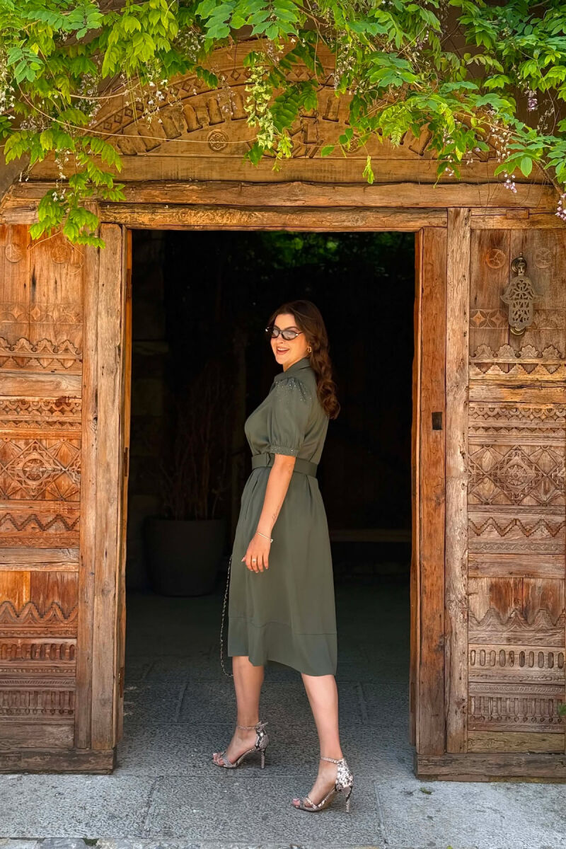 ONE COLOR BELT DETAIL WOMAN DRESS OLIVE/ULLI - 4