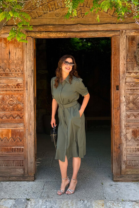 ONE COLOR BELT DETAIL WOMAN DRESS OLIVE/ULLI - 6