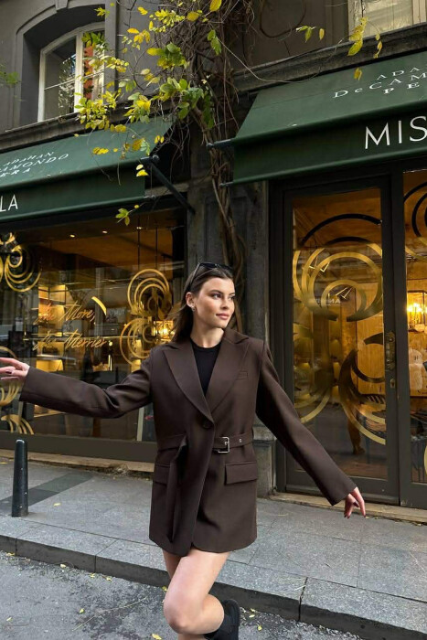 ONE COLOR BELT DETAIL WOMAN JACKET BROWN/KAFE - 2