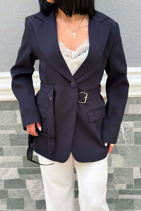 ONE COLOR BELT DETAIL WOMAN JACKET DARK BLUE/BEE - 6