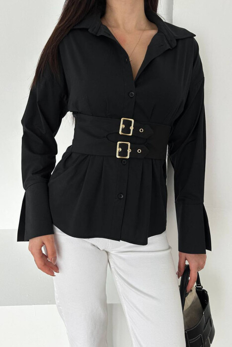 ONE COLOR BELT DETAIL WOMAN SHIRT BLACK/ E ZEZE - KLAUDIO FASHION