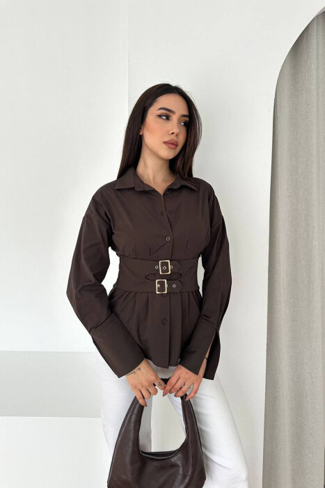 ONE COLOR BELT DETAIL WOMAN SHIRT BROWN/KAFE - KLAUDIO FASHION
