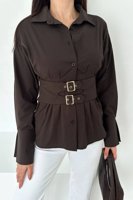ONE COLOR BELT DETAIL WOMAN SHIRT BROWN/KAFE - 2