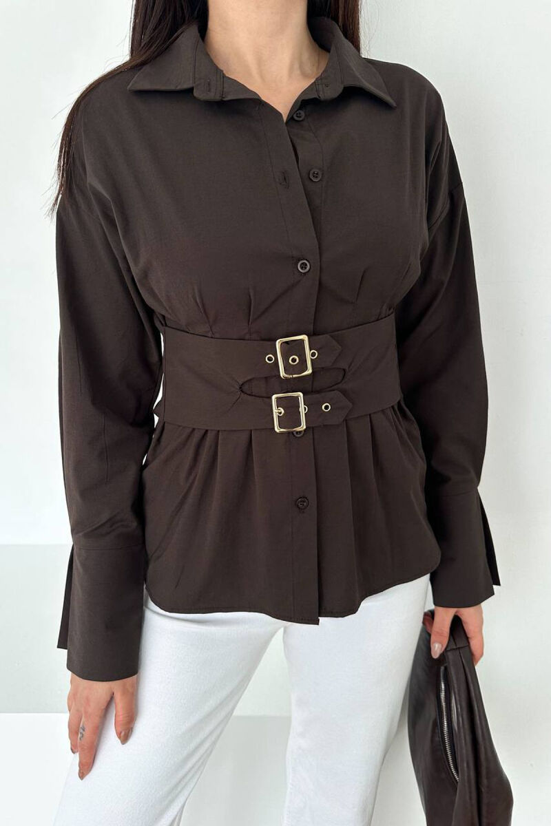 ONE COLOR BELT DETAIL WOMAN SHIRT BROWN/KAFE - 2