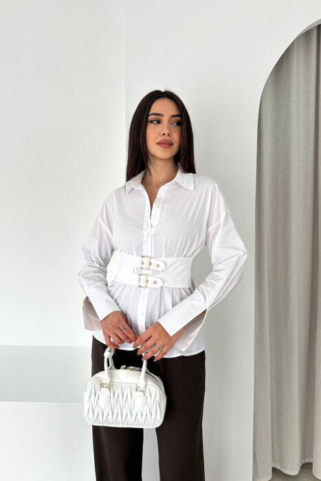 ONE COLOR BELT DETAIL WOMAN SHIRT WHITE-E BARDHE - KLAUDIO FASHION