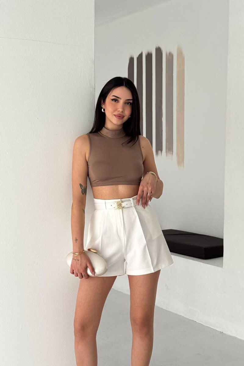 ONE COLOR BELT DETAIL WOMAN SHORTS WHITE-E BARDHE - 1