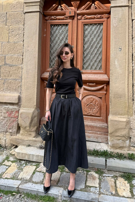 ONE COLOR BELT DETAIL WOMAN SKIRT BLACK/ E ZEZE - 1