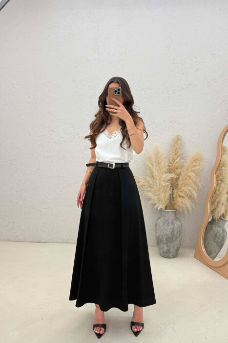 ONE COLOR BELT DETAIL WOMAN SKIRT BLACK/ E ZEZE - KLAUDIO FASHION