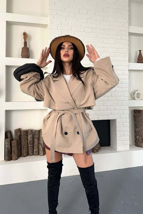 ONE COLOR BELT DETAIL WOMAN TRENCH COAT BEIGE/BEZHE - 4