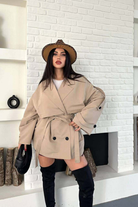 ONE COLOR BELT DETAIL WOMAN TRENCH COAT BEIGE/BEZHE - 7
