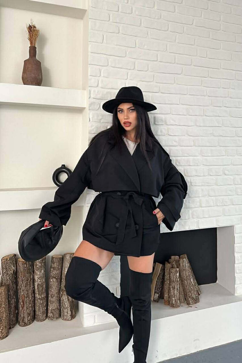 ONE COLOR BELT DETAIL WOMAN TRENCH COAT BLACK/ E ZEZE - 1