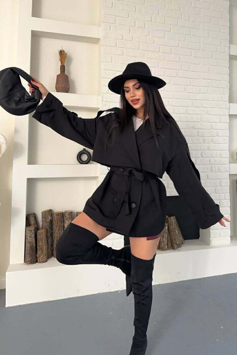 ONE COLOR BELT DETAIL WOMAN TRENCH COAT BLACK/ E ZEZE - 5