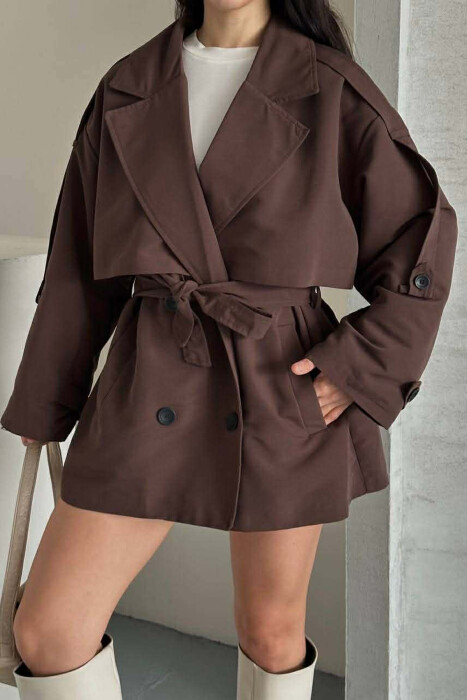 ONE COLOR BELT DETAIL WOMAN TRENCH COAT BROWN/KAFE - 3