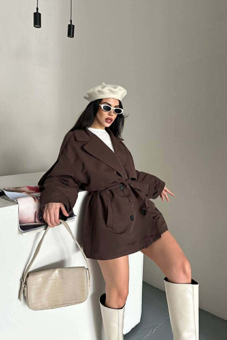ONE COLOR BELT DETAIL WOMAN TRENCH COAT BROWN/KAFE - 7