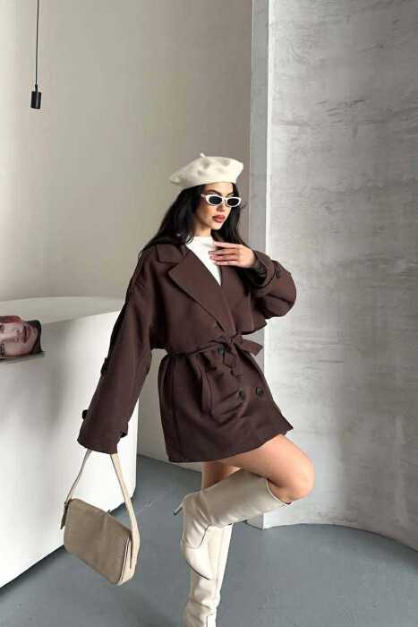 ONE COLOR BELT DETAIL WOMAN TRENCH COAT BROWN/KAFE - 9