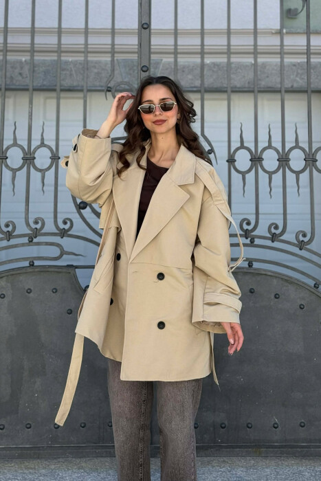 ONE COLOR BELT DETAIL WOMAN TRENCH COAT DARK BEIGE/BEZHE ERRET - KLAUDIO FASHION