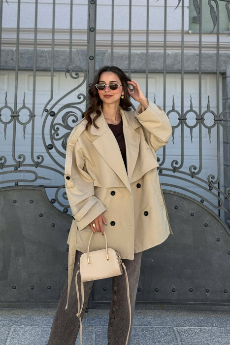 ONE COLOR BELT DETAIL WOMAN TRENCH COAT DARK BEIGE/BEZHE ERRET - 2