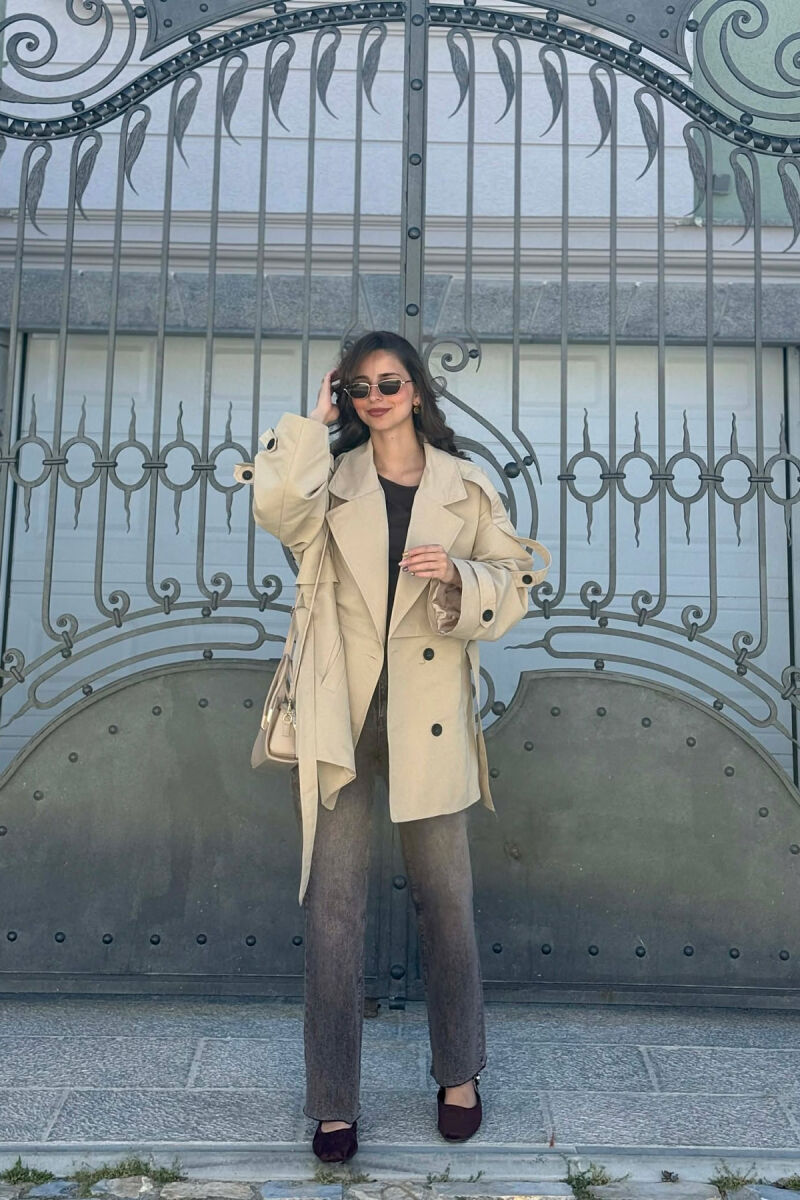 ONE COLOR BELT DETAIL WOMAN TRENCH COAT DARK BEIGE/BEZHE ERRET - 7