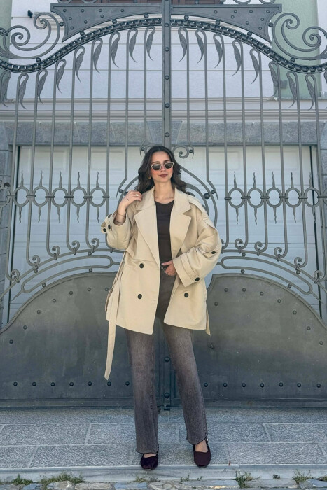 ONE COLOR BELT DETAIL WOMAN TRENCH COAT DARK BEIGE/BEZHE ERRET - 8