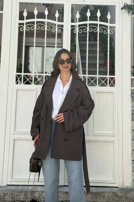 ONE COLOR BELT DETAIL WOMAN TRENCH COAT DARK BROWN/KAE - 3