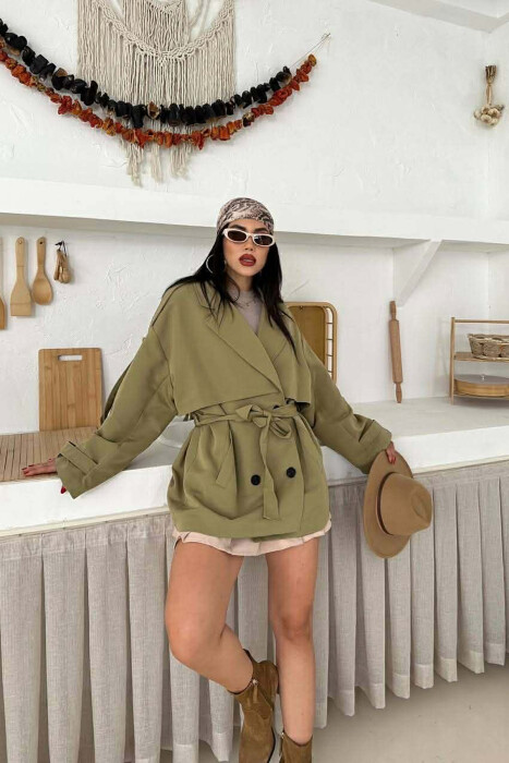 ONE COLOR BELT DETAIL WOMAN TRENCH COAT LIGHT GREEN/JEZB - 2