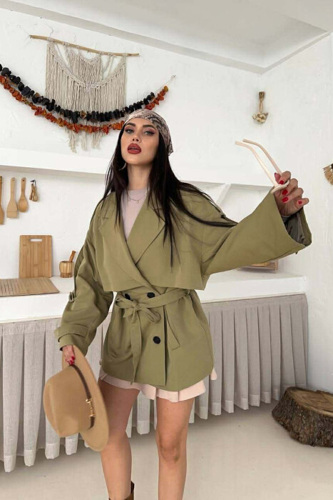 ONE COLOR BELT DETAIL WOMAN TRENCH COAT LIGHT GREEN/JEZB - 3