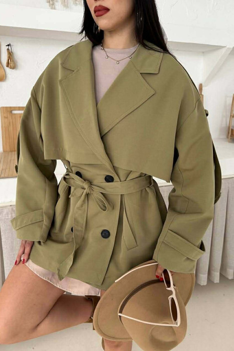 ONE COLOR BELT DETAIL WOMAN TRENCH COAT LIGHT GREEN/JEZB - 5